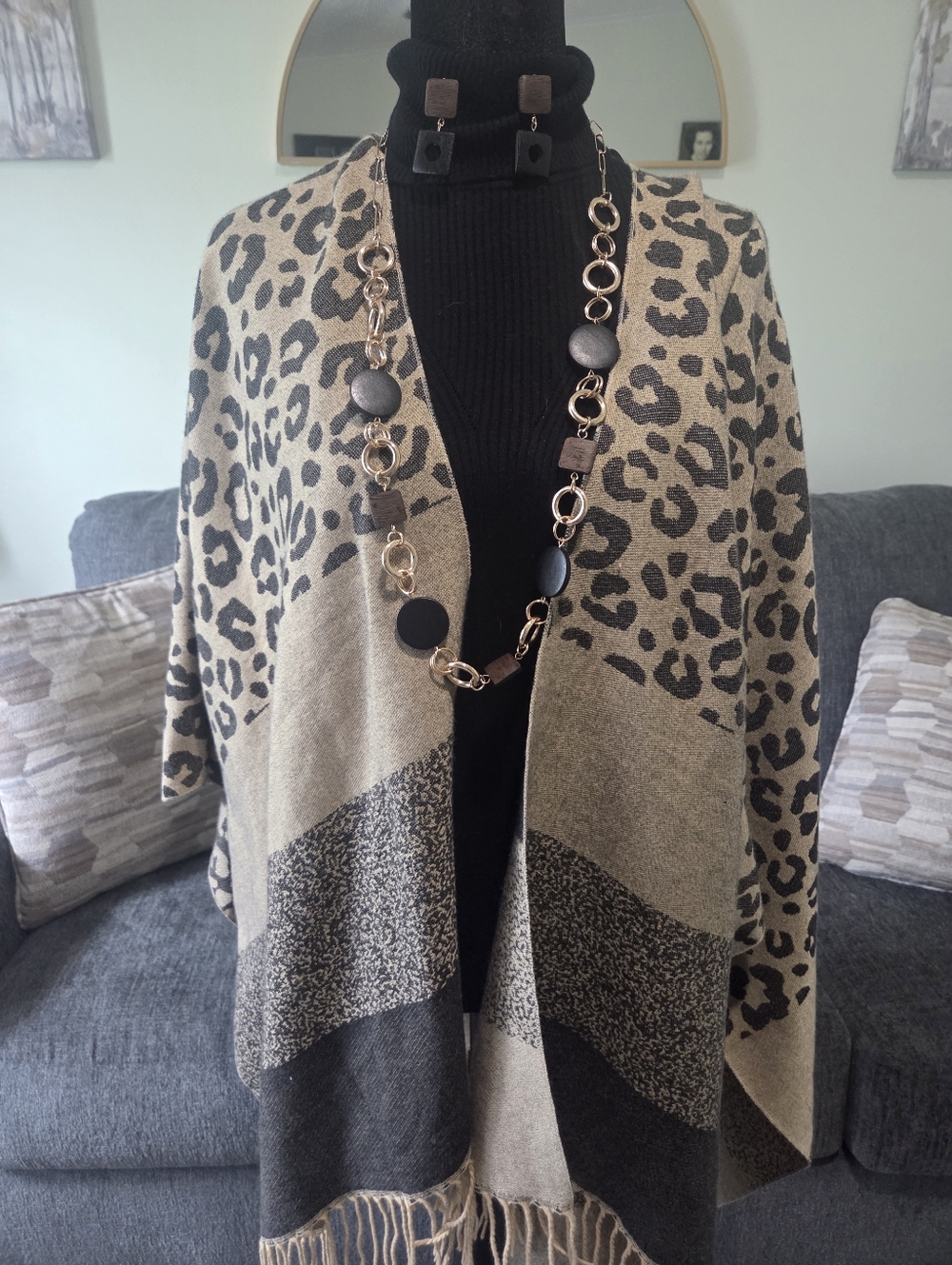 Leopard Print Open Front Women's Sweater Wrap - Black & Tan